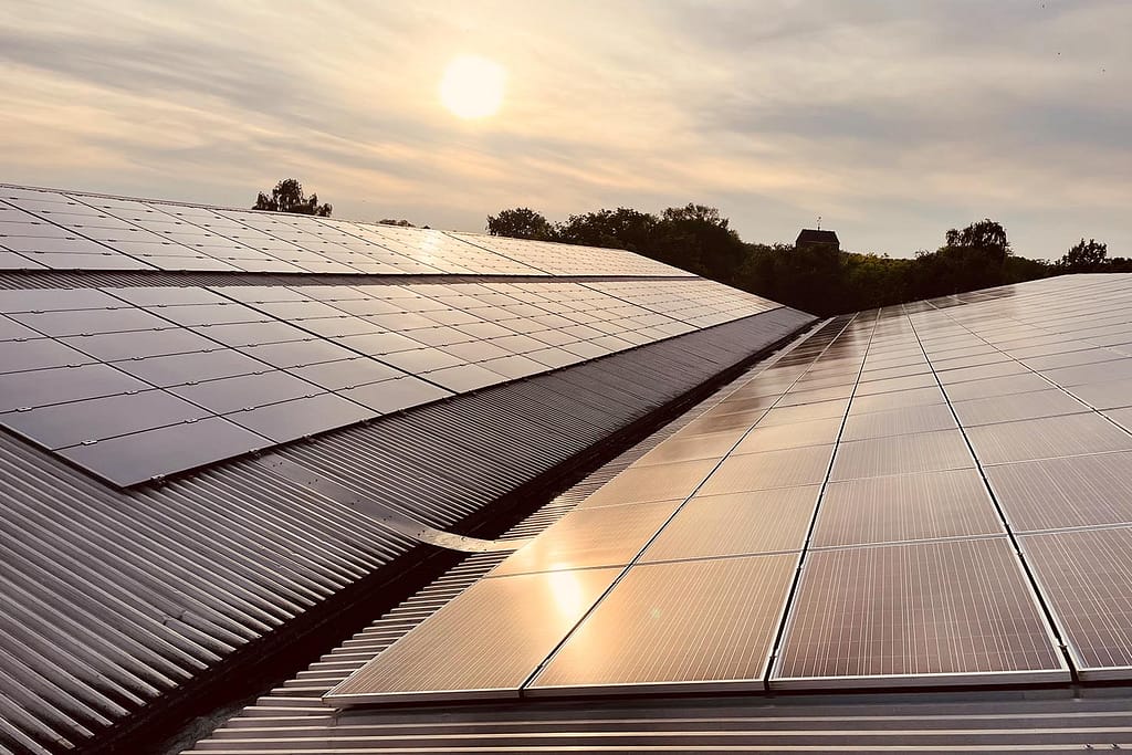 Zonnepanelen op bedrijfsdak van Kalter schoon, na reinigen Schoonmans, glimt in avondzon